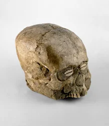 Crâne portrait avec des yeux en coquille de cauris, Jéricho, vers le 7e millénaire av. J.-C.